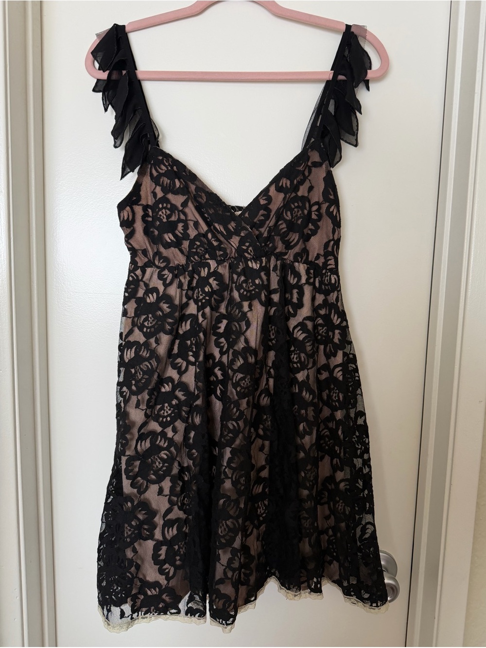 Black Floral Lace Overlay Dress with Nude Lining
